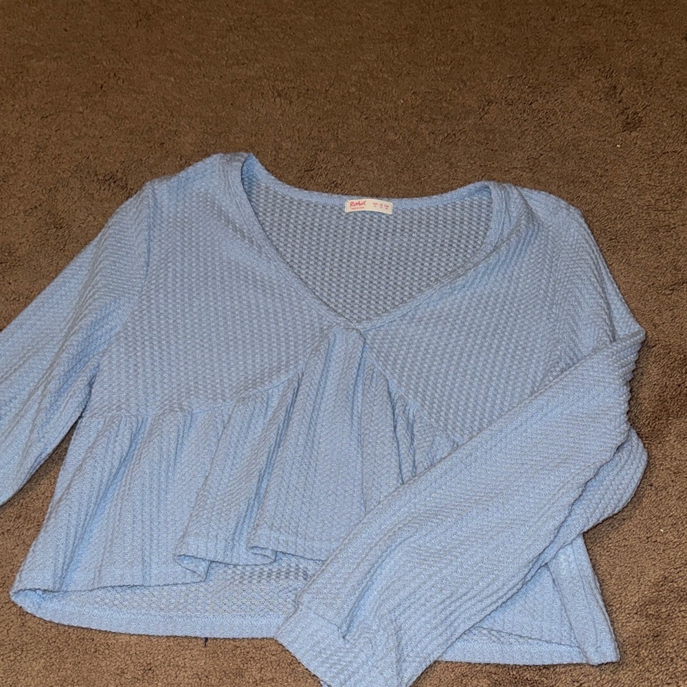 ROMWE Light Blue Textured V-Neck Peplum Long Sleeve Top